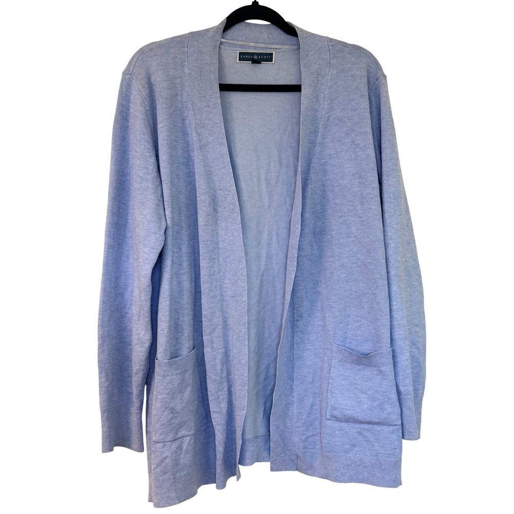 Karen Scott Womens Large Light Blue Open Front Cardigan Sweater Pockets